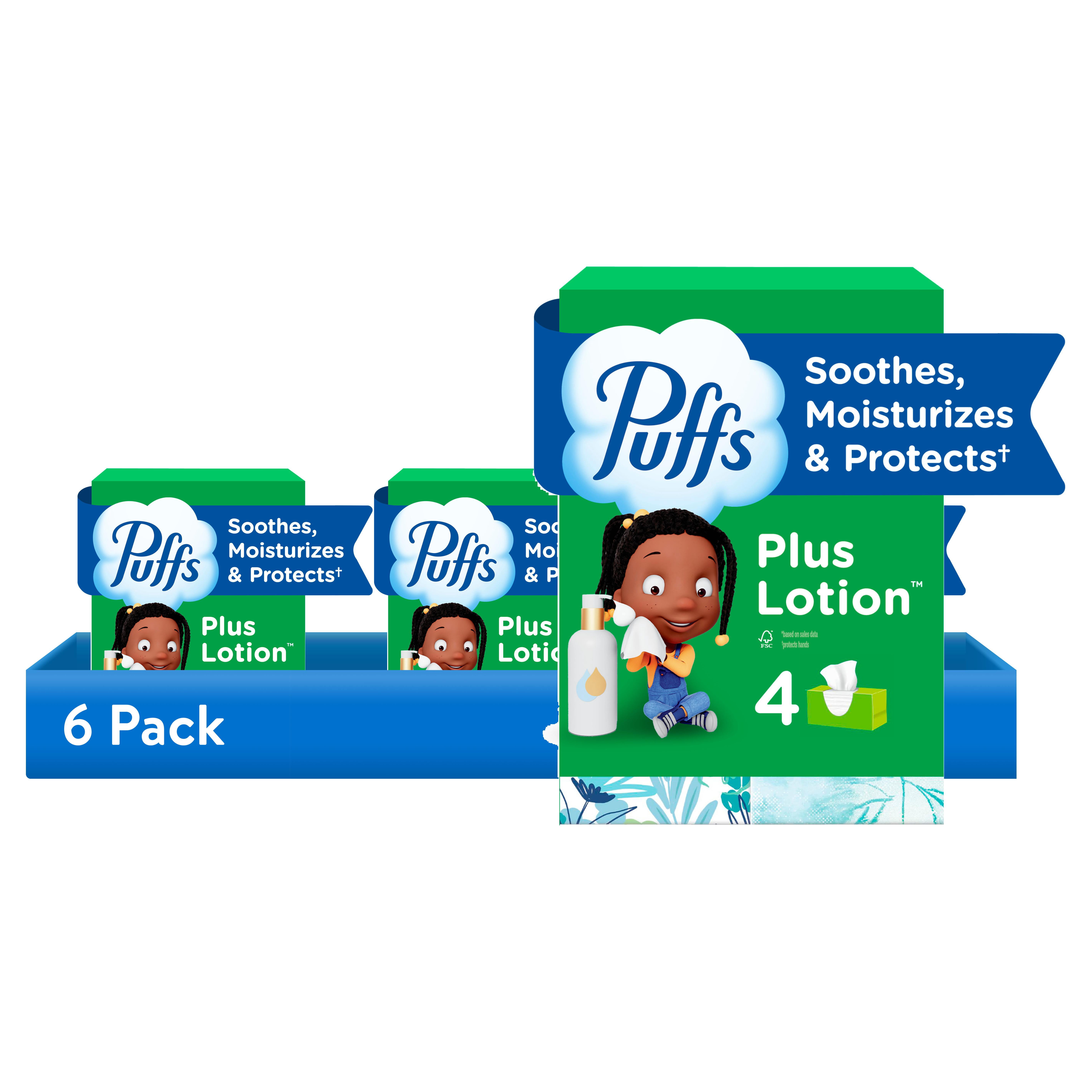 6 pack) Puffs Plus Lotion Facial Tissues, 4 Family Boxes, 124