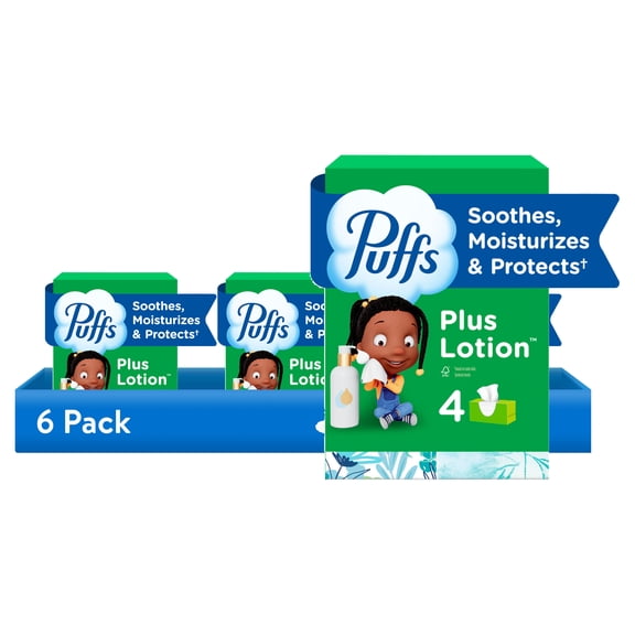 (6 pack) Puffs Plus Lotion Facial Tissues, 4 Family Boxes, 124 tissues per box