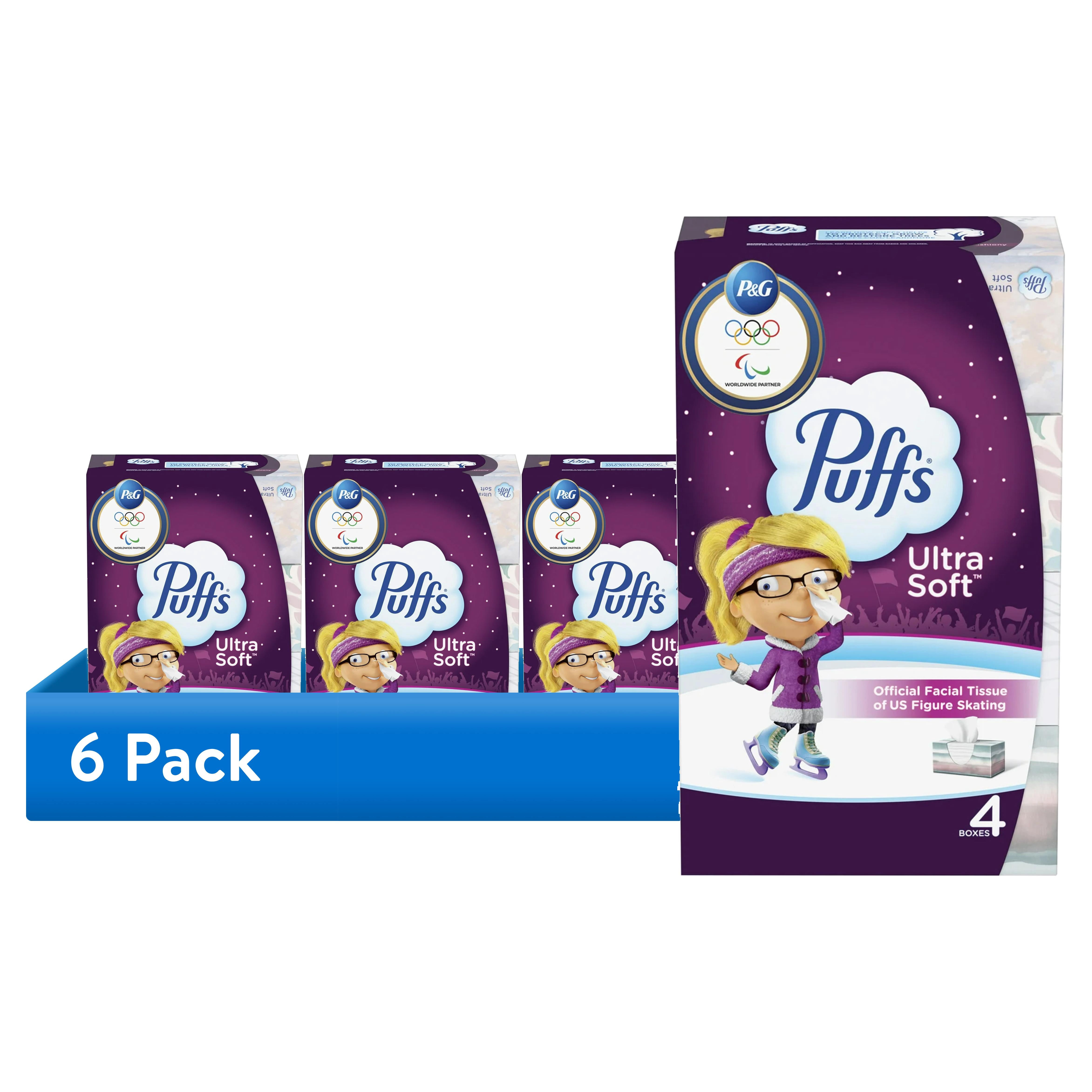 (6 pack) Puffs Ultra Soft Facial Tissues, 4 Family Size Boxes, 124