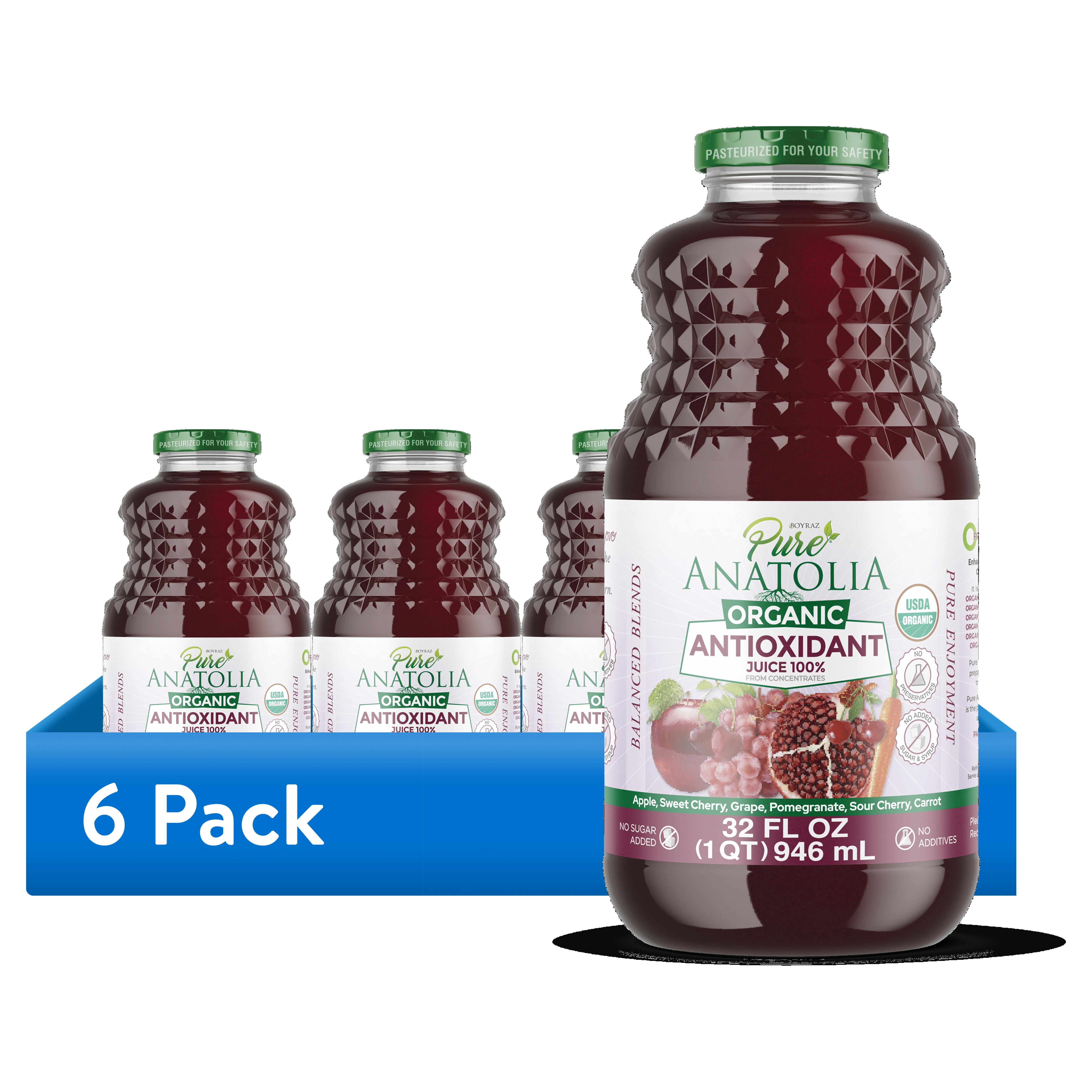 (6 pack) Pure Anatolia  Organic Antioxidant Detox Juice, 32 Fl Oz Glass Bottle