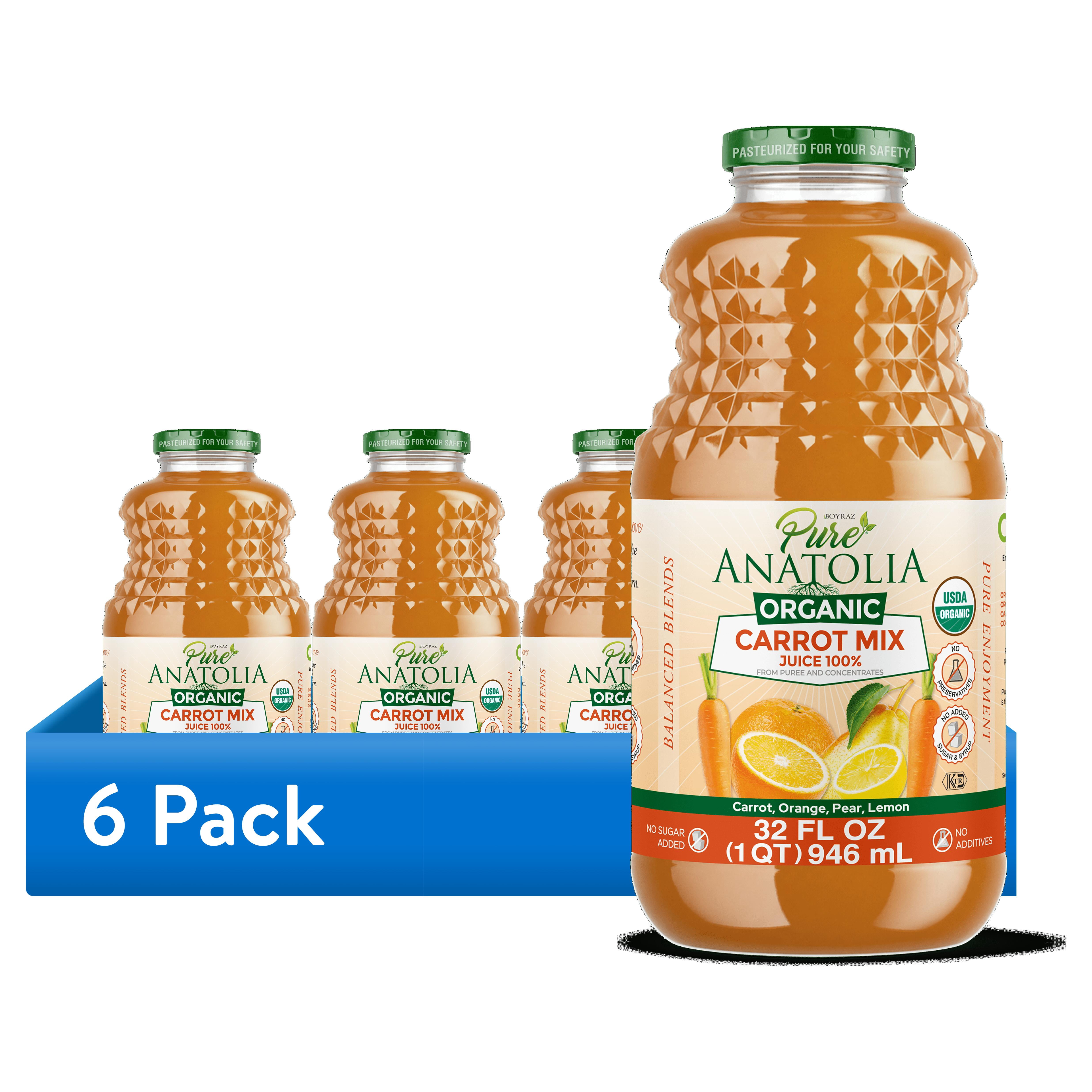 (6 pack) Pure Anatolia Organic Carrot Mix Juice, 32 Fl Oz Glass Bottle