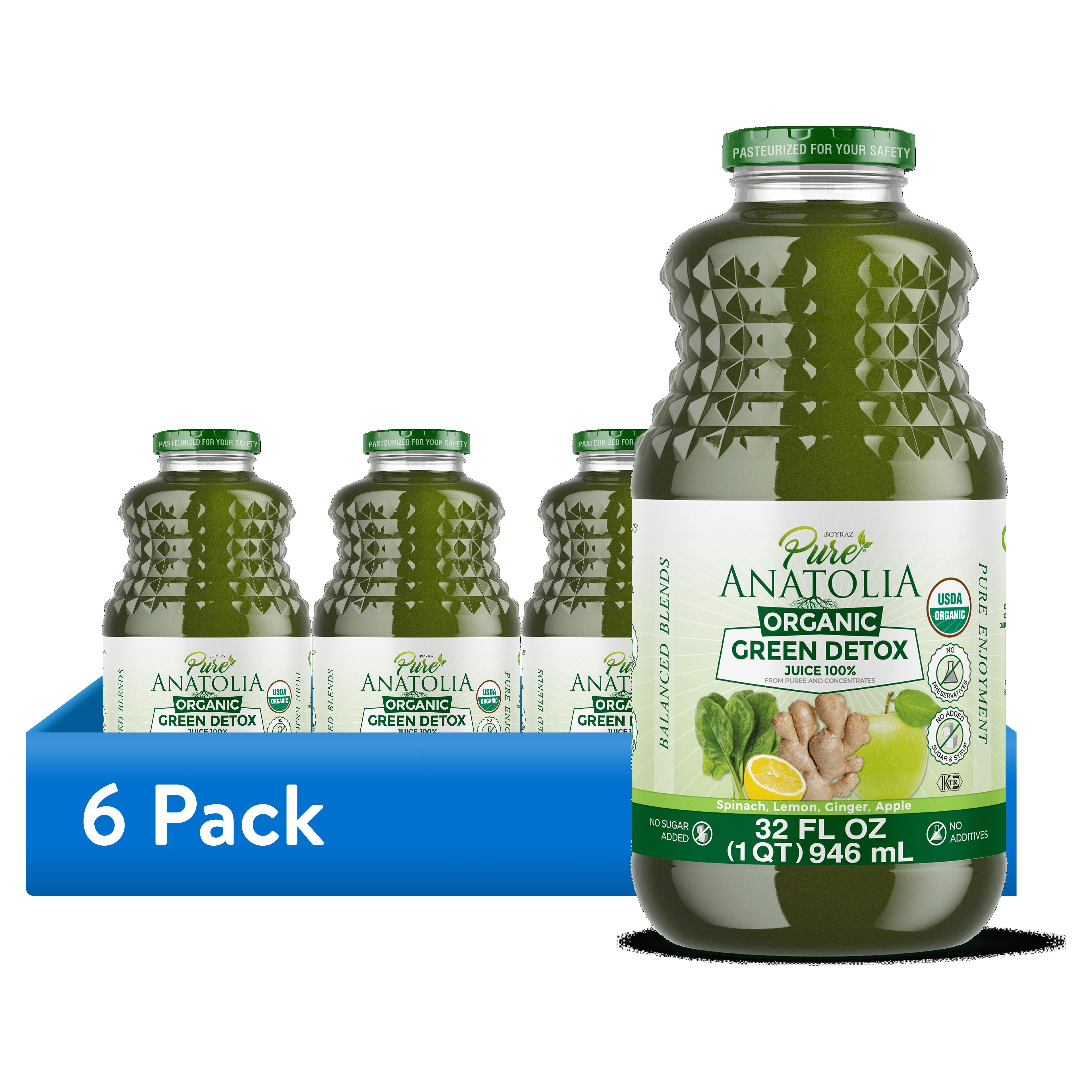 (6 pack) Pure Anatolia Organic Green Detox Juice Spinach, Apple, Ginger, Lemon , 32 Fl Oz Glass Bottle