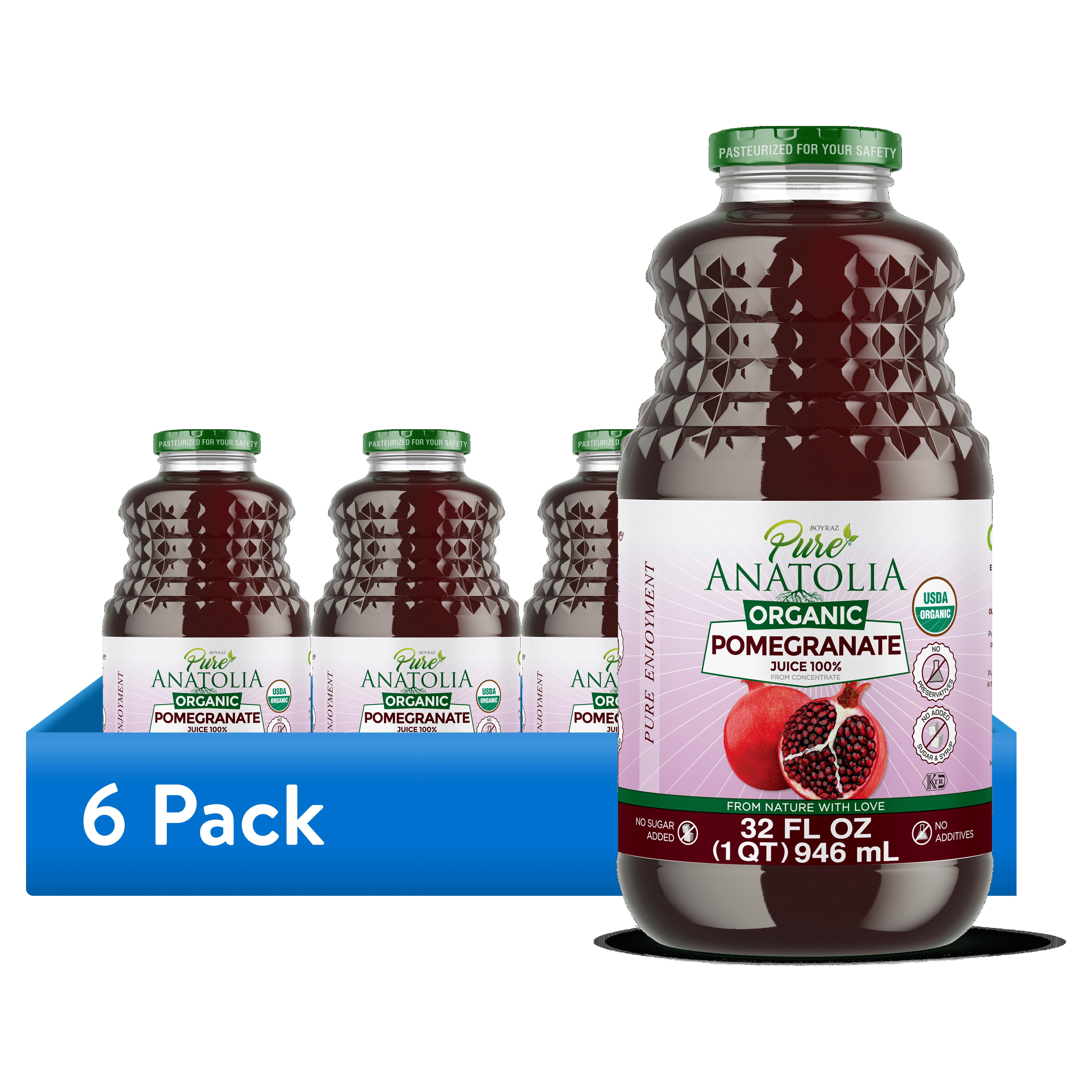 (6 pack) Pure Anatolia Organic Pomegranate Juice, 32 Fl Oz Glass Bottle