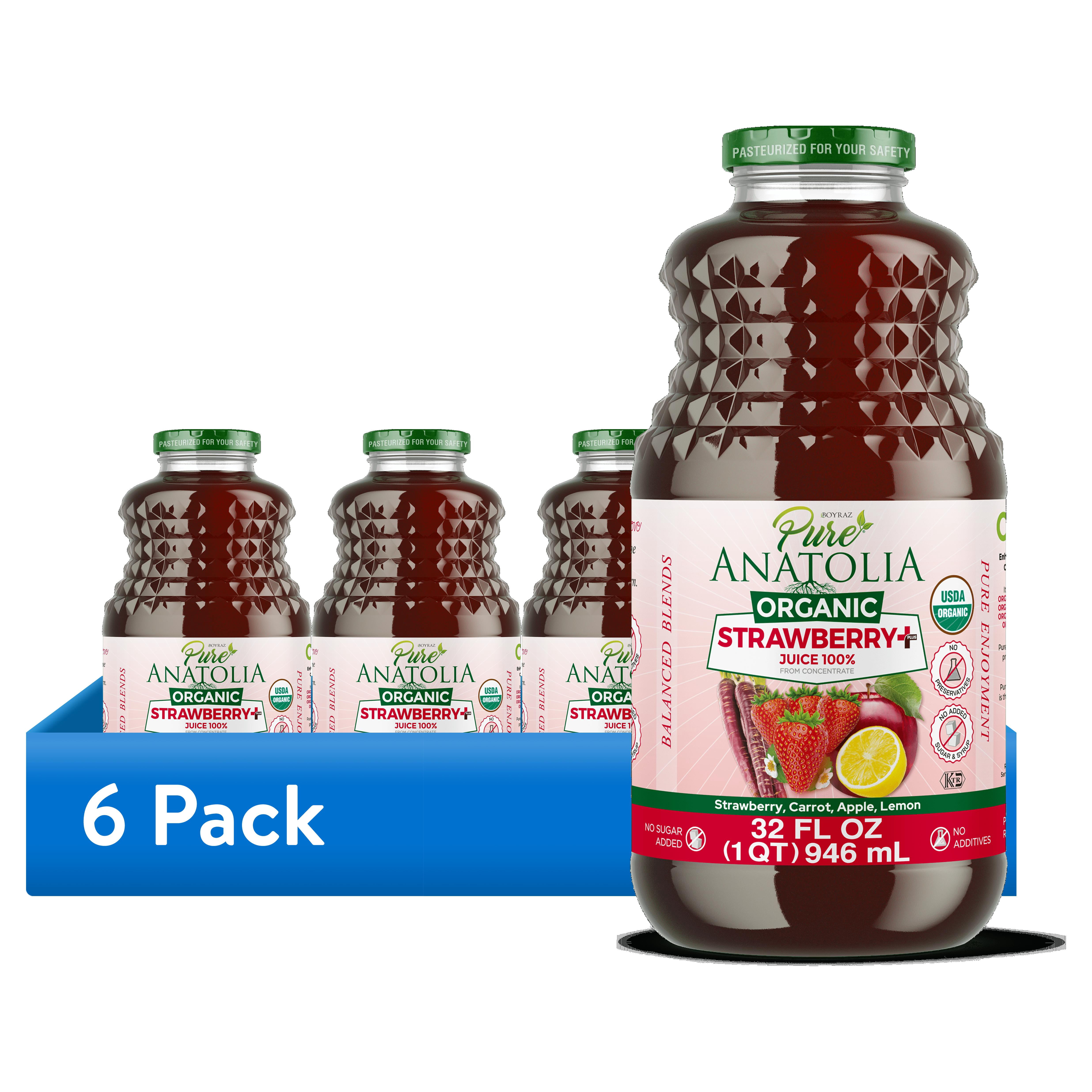 (6 pack) Pure Anatolia Organic Strawberry Juice, 32 Fl Oz Glass Bottle