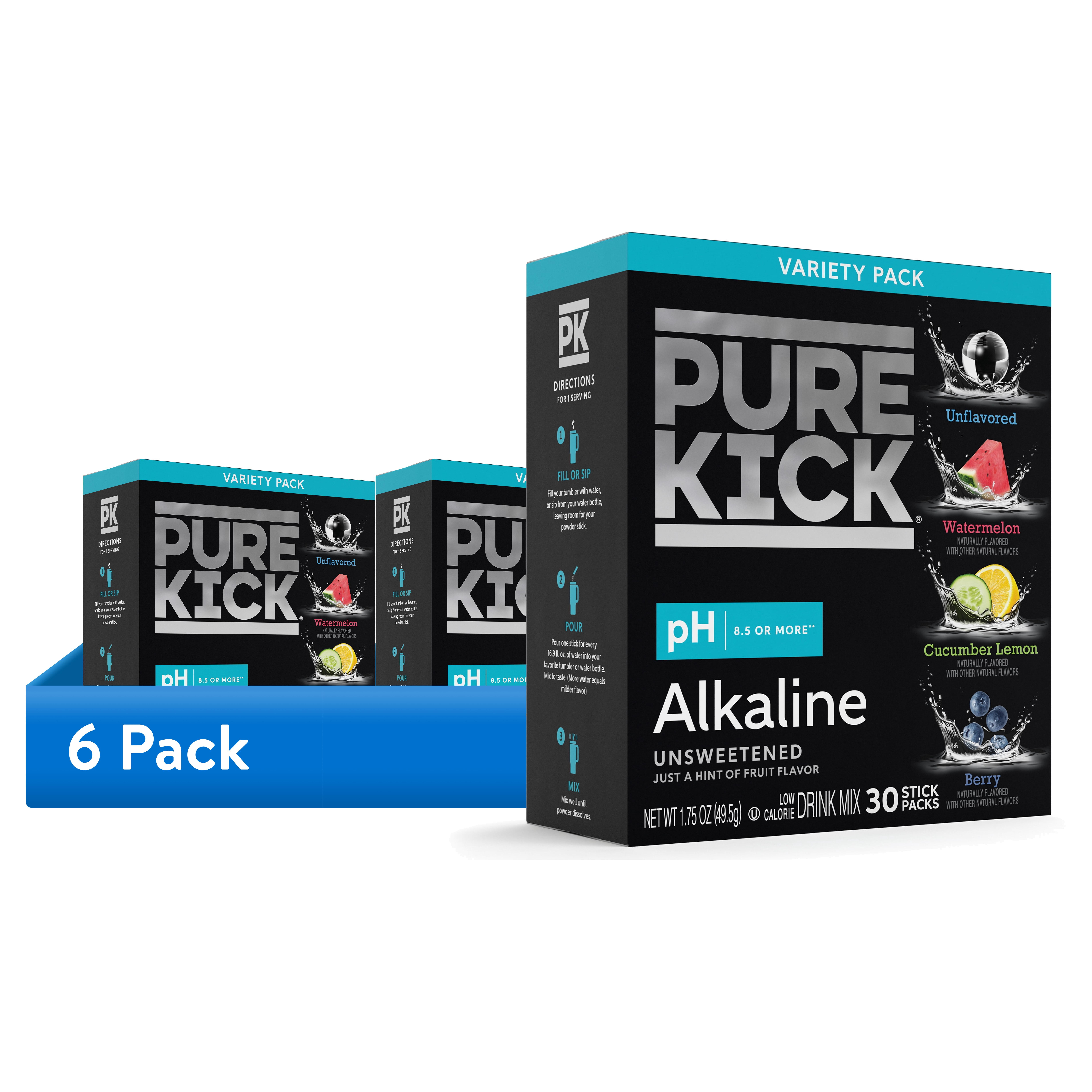 (6 pack) Pure Kick Alkaline Singles to Go Powdered Drink Mix Variety Pack, Watermelon, Berry, Cucumber Lemon, Unflavored, 30 Count Packets