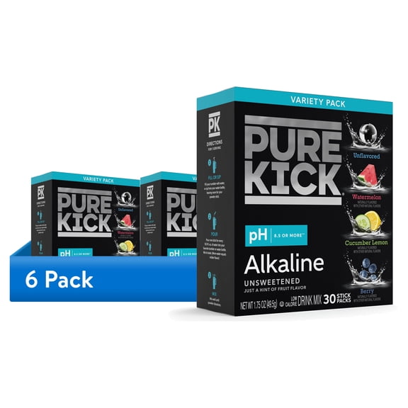(6 pack) Pure Kick Alkaline Singles to Go Powdered Drink Mix Variety Pack, Watermelon, Berry, Cucumber Lemon, Unflavored, 30 Count Packets