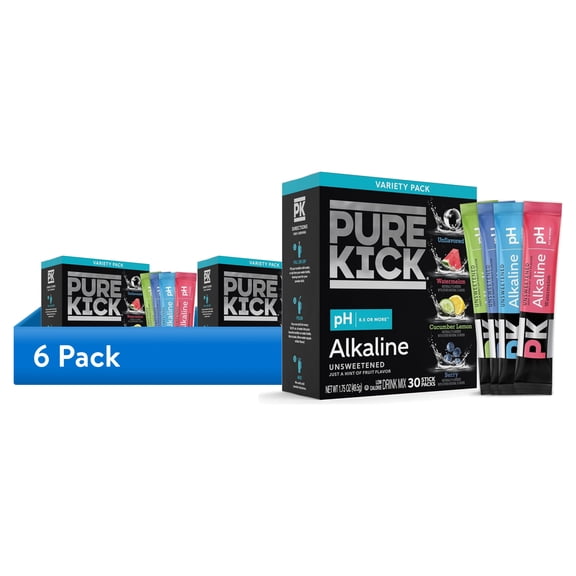 (6 pack) Pure Kick Alkaline Singles to Go Powdered Drink Mix Variety Pack, Watermelon, Berry, Cucumber Lemon, Unflavored, 30 Count Packets