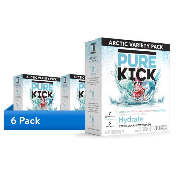 (6 pack) Pure Kick Arctic Variety pack Singles to Go Powdered Drink Mix, Arctic Wave, Arctic Wave Cherry, Arctic Ice, 30 Count Packets