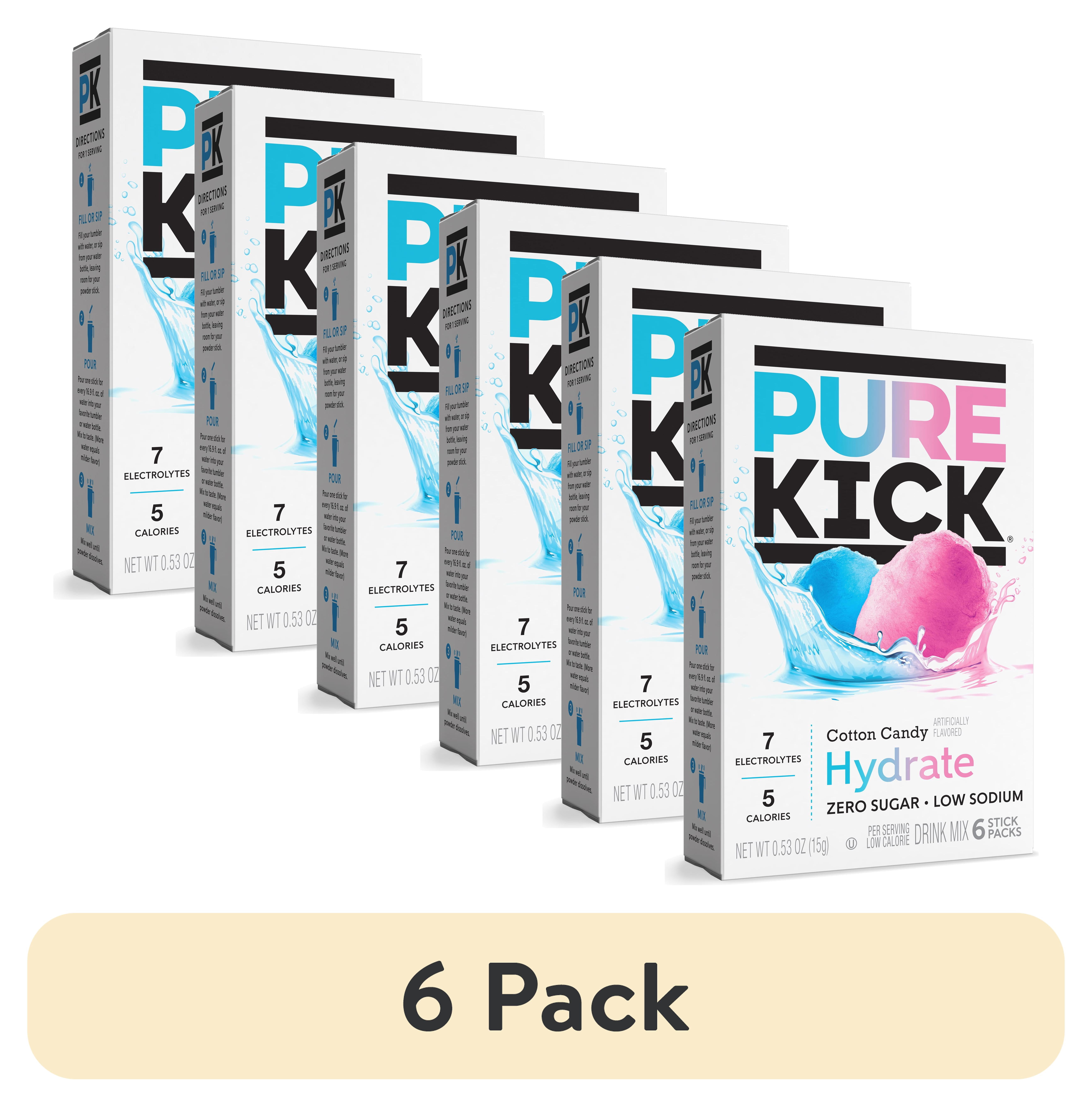 (6 pack) Pure Kick Cotton Candy, Hydration Electrolyte Powdered Drink Mix, 6 Count Packets