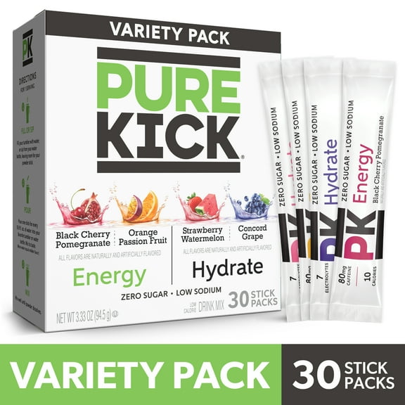 (6 pack) Pure Kick Energy & Hydration Electrolyte Powdered Drink Mix Variety pack, 30 Count Packets