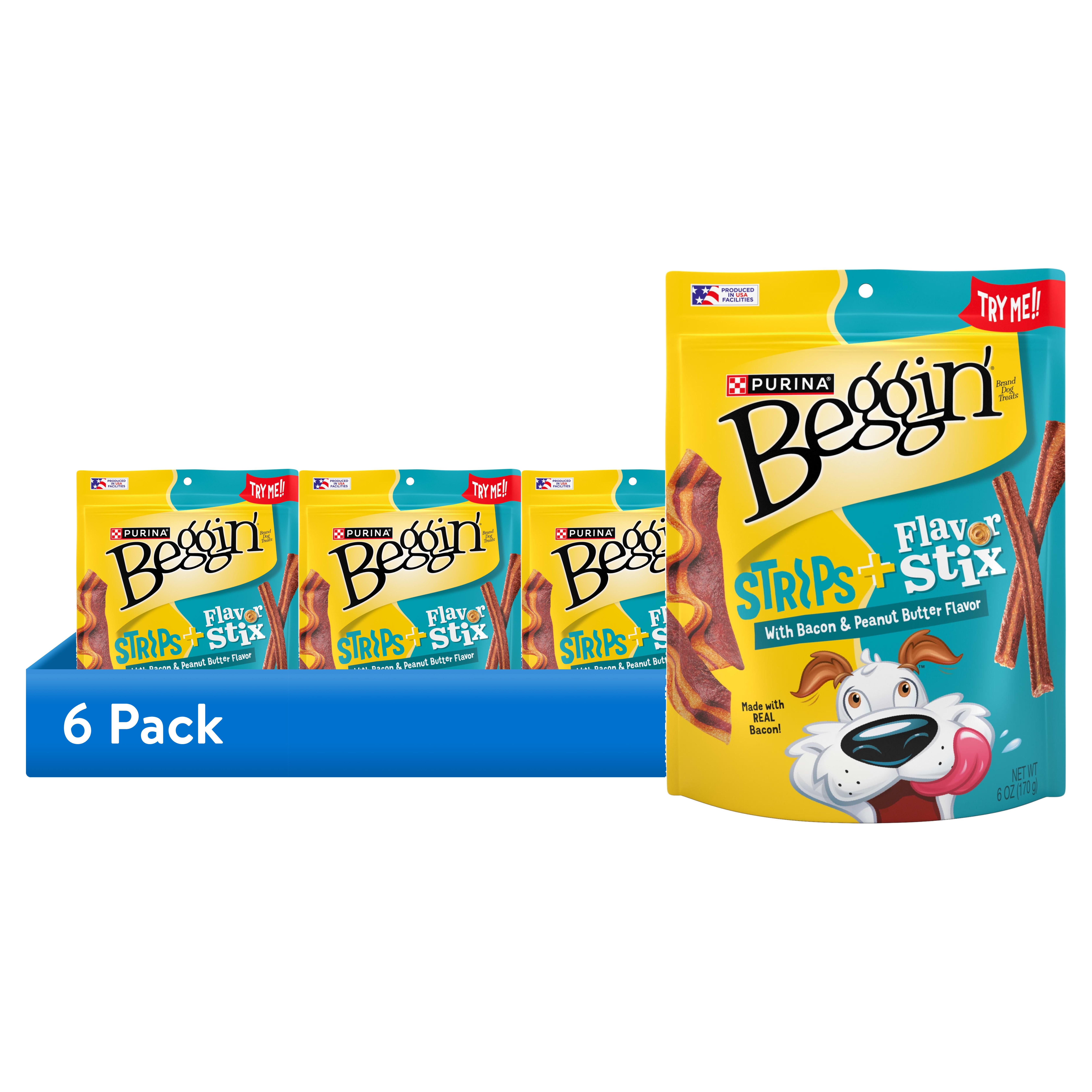 (6 pack) Purina Beggin' Sticks & Flavor Stix Dog Treats with Bacon & Peanut Butter Tender Chews, 6 oz Pouch