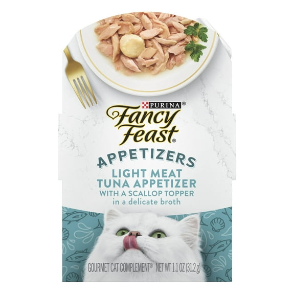 (6 pack) Purina Fancy Feast Appetizers, Wet Cat Food Broth, Tuna with a Scallop Topper, 1.1 oz Tray