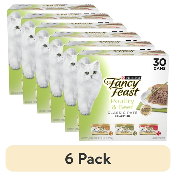 (6 pack) Purina Fancy Feast Classic Pate Food, Wet Cat Food, Poultry & Beef, 3 oz Cans, 30 Pack