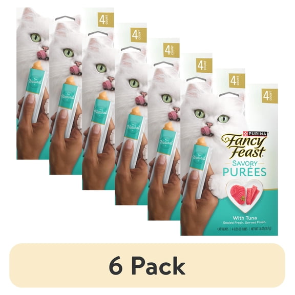 (6 pack) Purina Fancy Feast Savory Puree, Squeezable Cat Treats, Tuna, (4) .35 oz Pouches