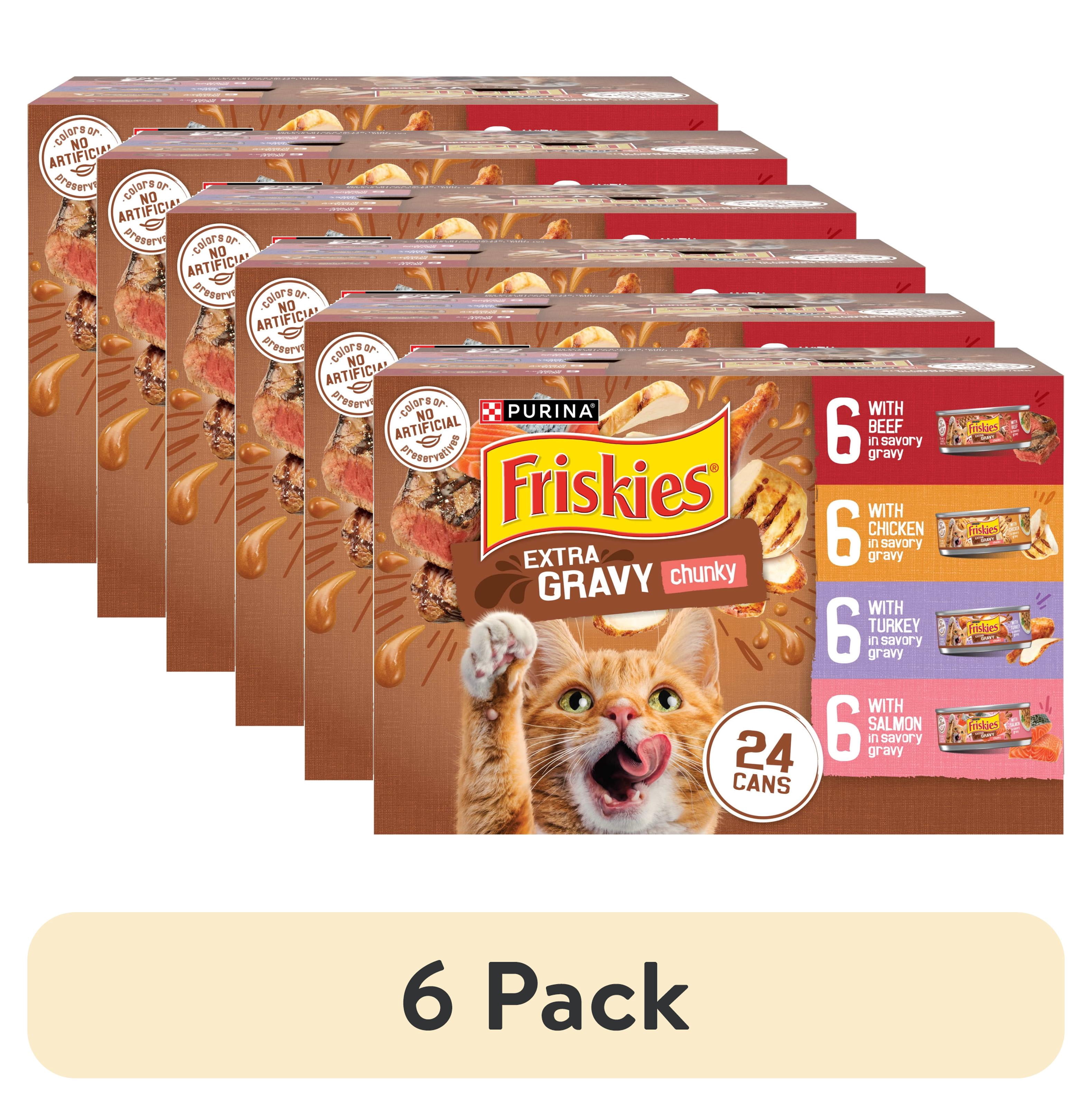(6 pack) Purina Friskies Extra Gravy Beef, Chicken, Turkey, & Salmon Chunky Wet Cat Food Variety Pack, 5.5 oz Cans (24 Pack)