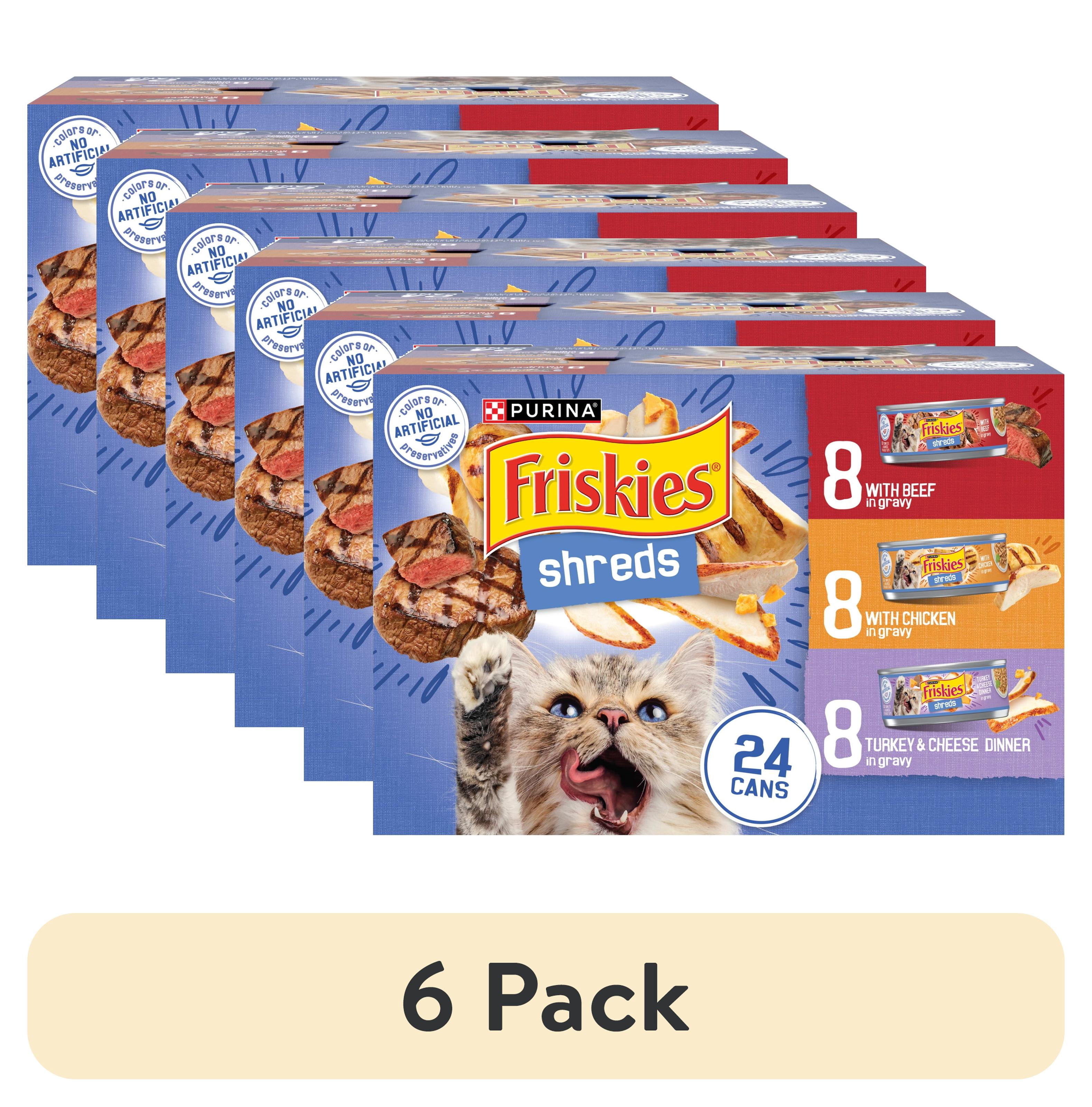 (6 pack) Purina Friskies Gravy Shreds, Beef, Chicken, Turkey and Cheese, Wet Cat Food, 5.5 oz Can