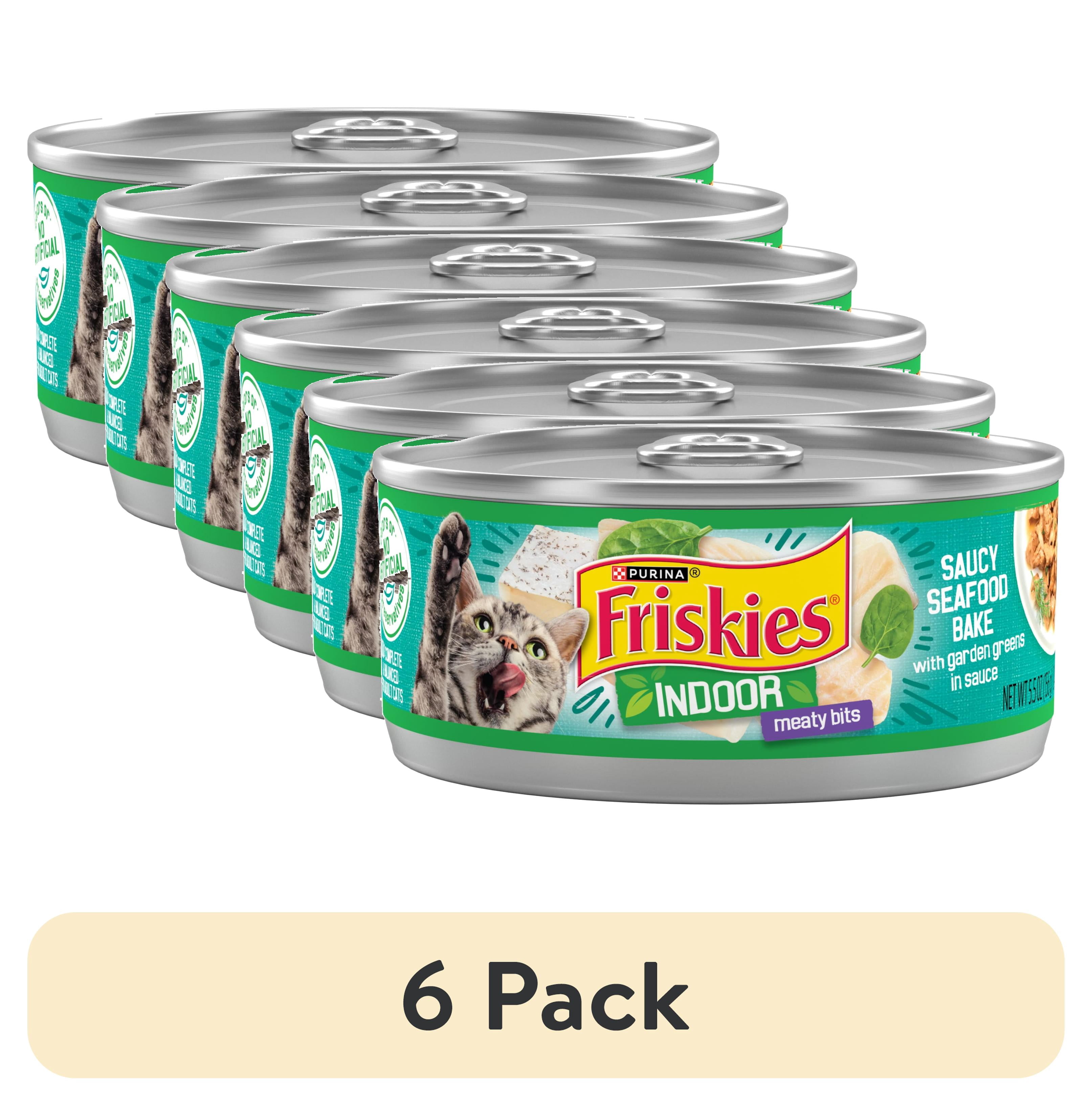 (6 pack) Purina Friskies Indoor, Saucy Seafood Bake, Wet Cat Food, 5.5 oz Can, 24 Pack
