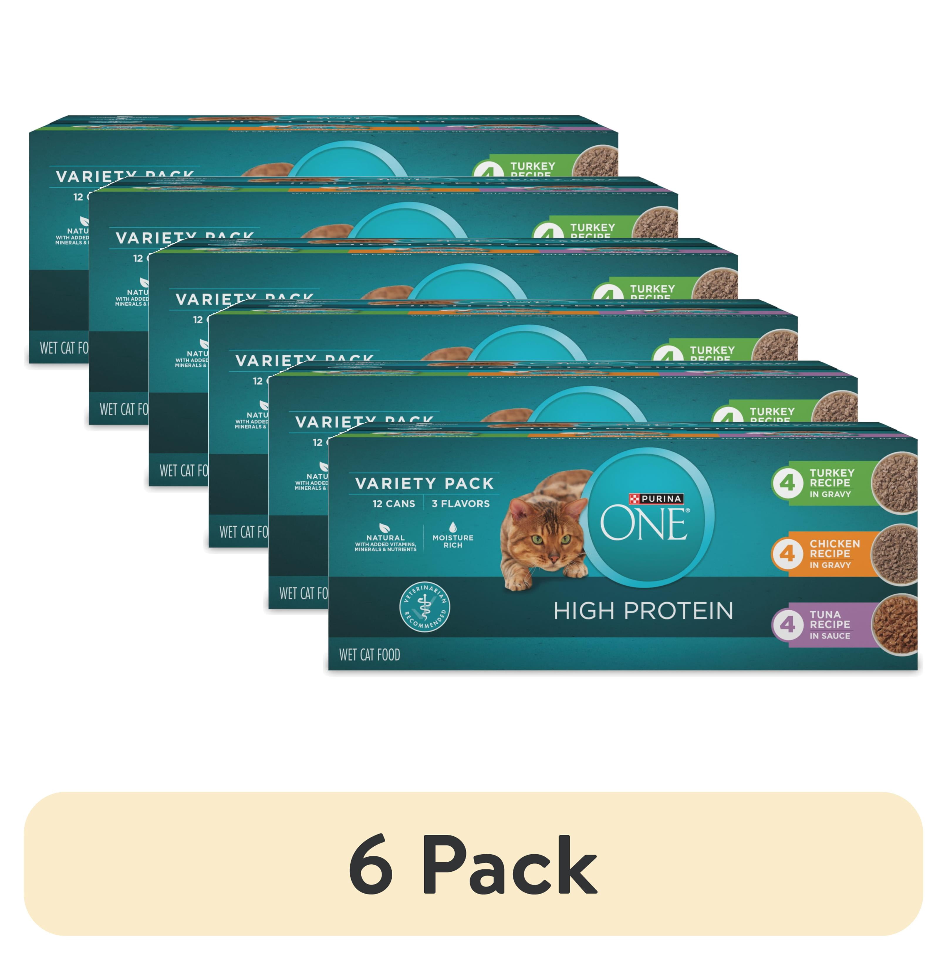 (6 pack) Purina ONE Natural, High Protein Wet Cat Food Variety Pack, Turkey, Chicken and Tuna Recipes, 3 oz, 12 Pack