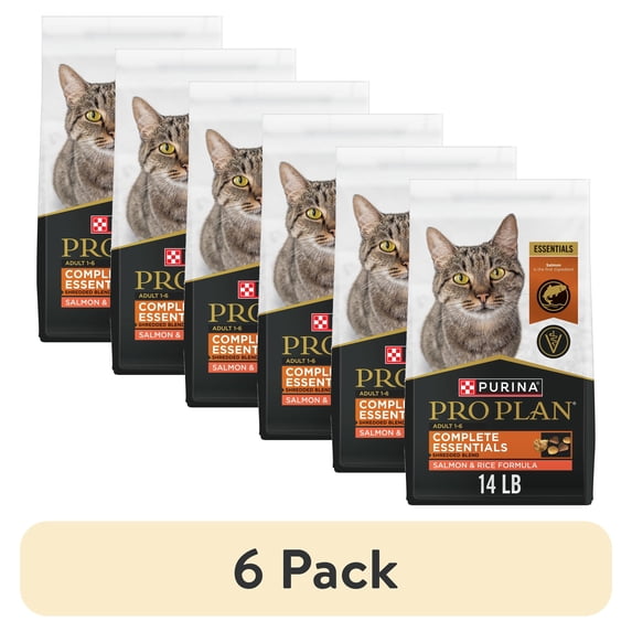 (6 pack) Purina Pro Plan Complete Essentials Shredded Blend Salmon and Rice Formula Adult High-Protein Dry Cat Food, 14 lb.
