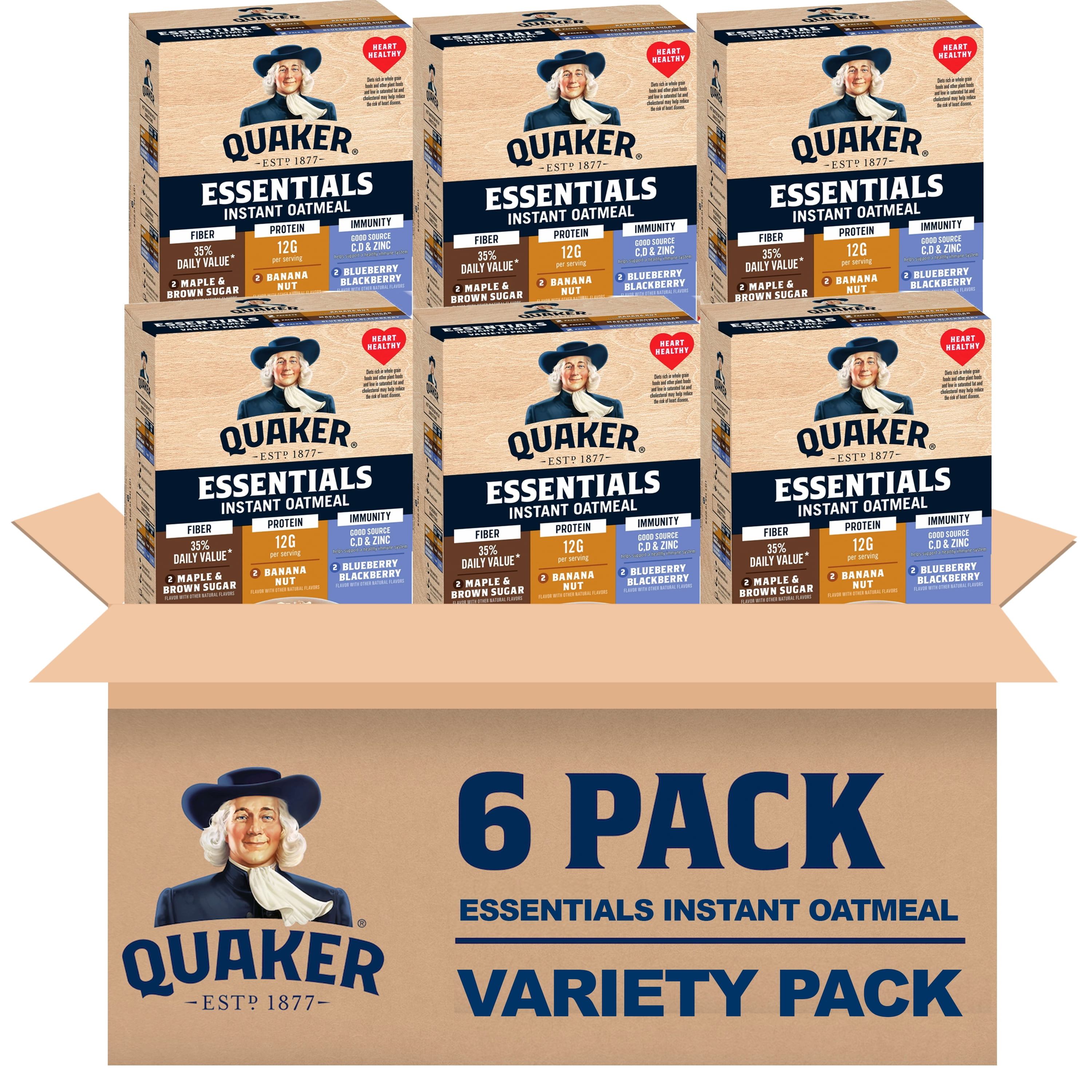 (6 pack) Quaker Essentials Instant Oatmeal, Variety Pack, Good Source of Vitamins, Protein and Fiber, 10.3 Ounce