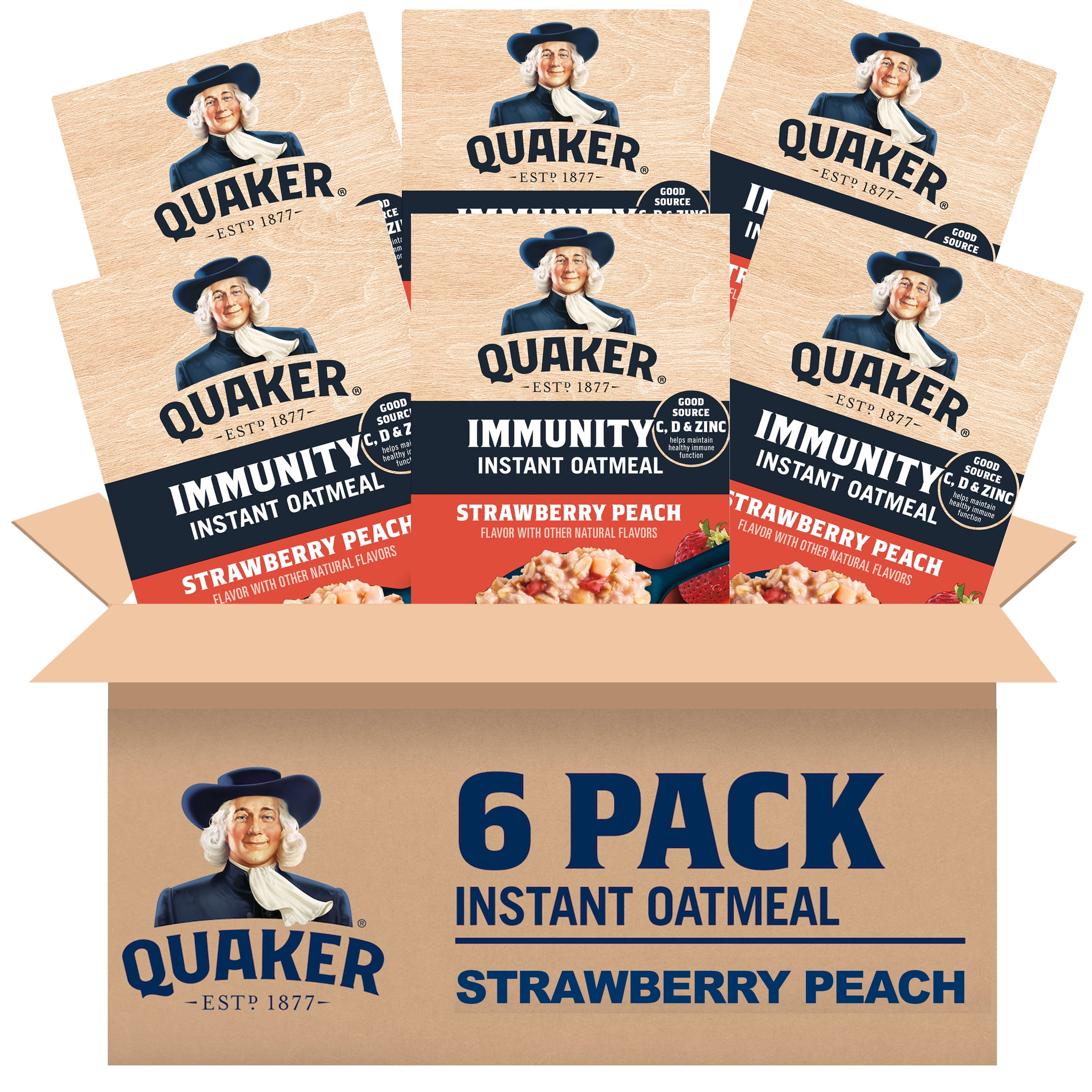 (6 pack) Quaker Immunity Instant Oatmeal, Strawberry Peach, Good Source of Vitamins C, D, & Zinc, Whole Grains, 1.41 oz packets, (6 Pack)