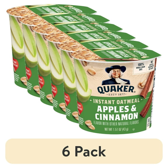 (6 pack) Quaker Instant Oatmeal, Apple Cinnamon, Quick Cook Oatmeal, 1.5oz Cup