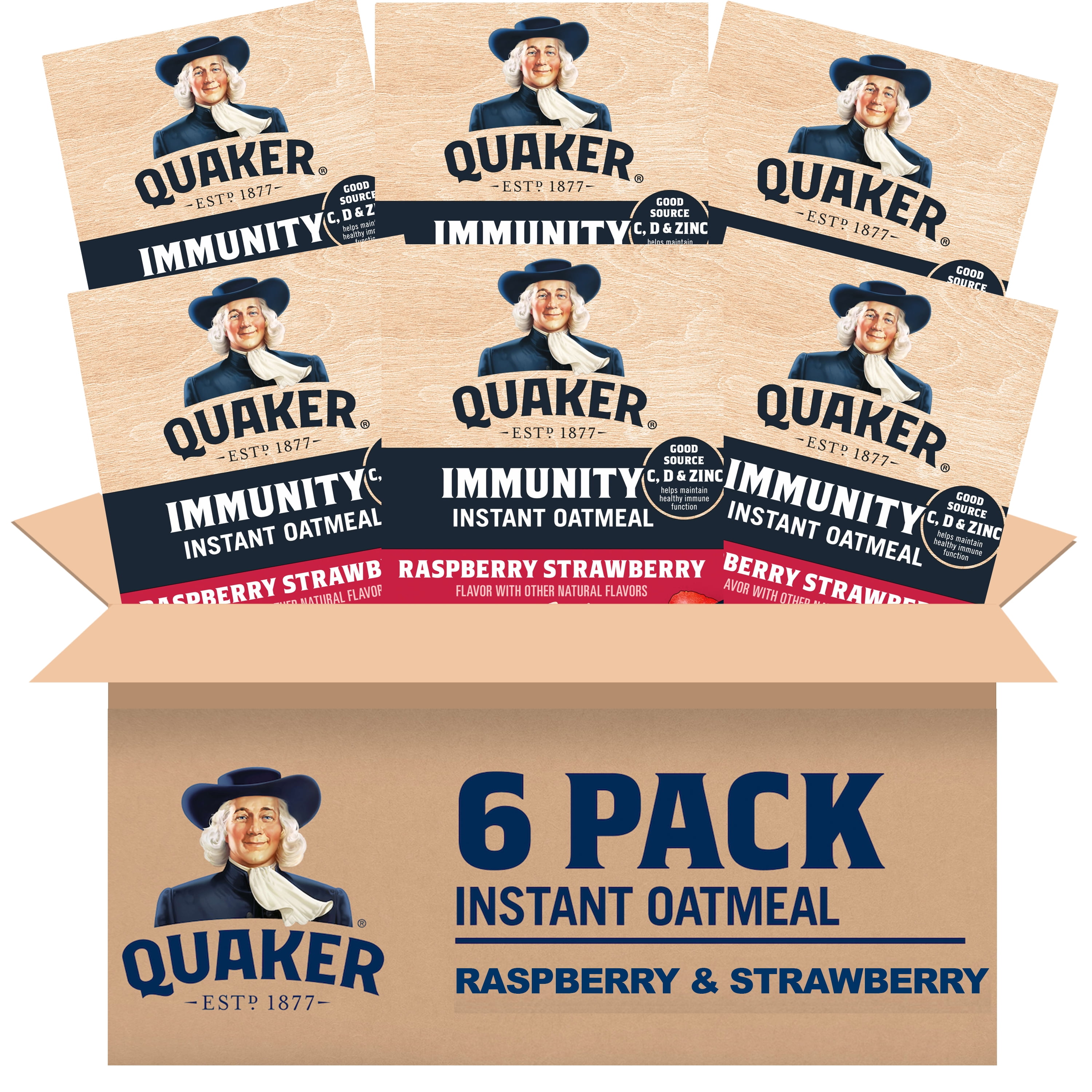 (6 pack) Quaker Immunity Instant Oatmeal, Raspberry Strawberry, Good Source of Vitamins C, D, & Zinc, Whole Grains, 1.41 oz packets, (6 Pack)