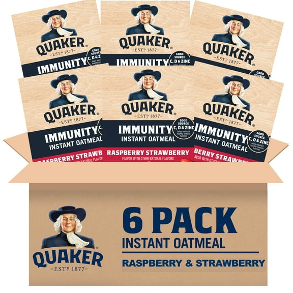 (6 pack) Quaker Immunity Instant Oatmeal, Raspberry Strawberry, Good Source of Vitamins C, D, & Zinc, Whole Grains, 1.41 oz packets, (6 Pack)