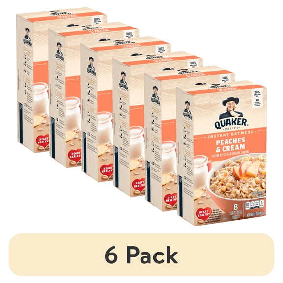(6 pack) Quaker Instant Oatmeal, Peaches & Cream, 1.05 oz, 8 Packets