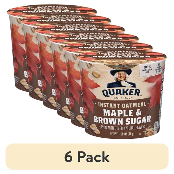 (6 pack) Quaker Maple & Brown Sugar Flavored Instant Oatmeal, 1.69 oz Cup, 1 Count