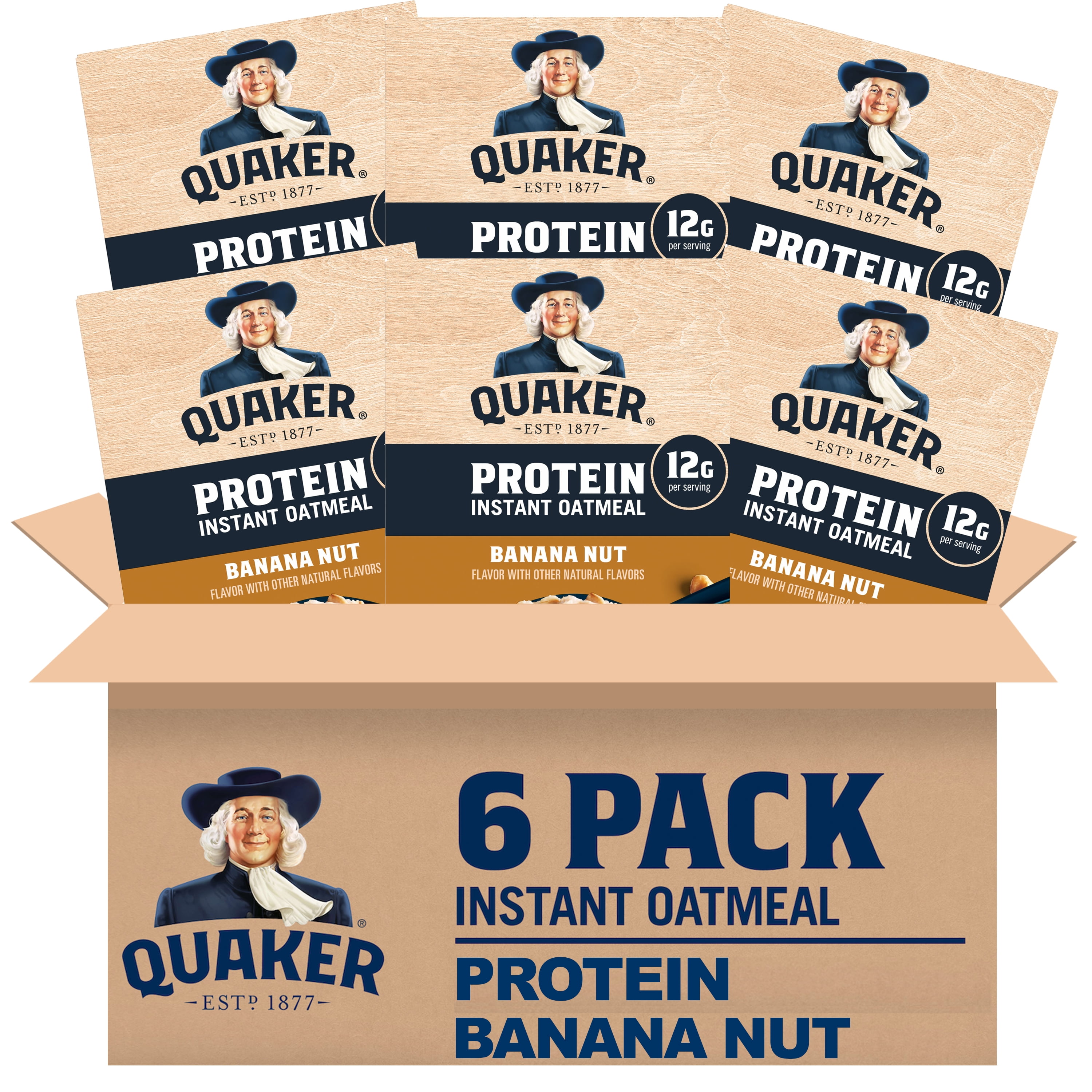 (6 pack) Quaker Protein Instant Oatmeal, Banana Nut, 12g Protein per Serving, Whole Grains, No Artificial Flavors, 2.15 oz Packets, (6 Pack)
