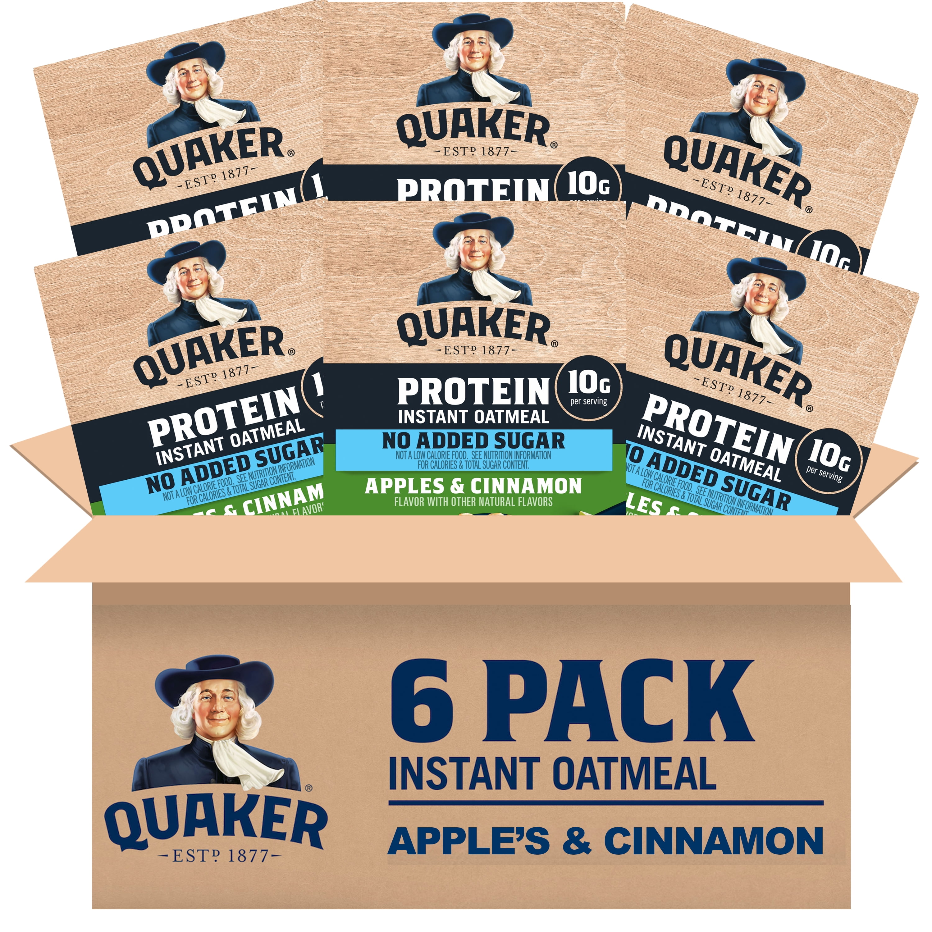 (6 pack) Quaker Instant Oatmeal Protein No Added Sugar Apples & Cinnamon, 1.76 Ounce 6 Packets