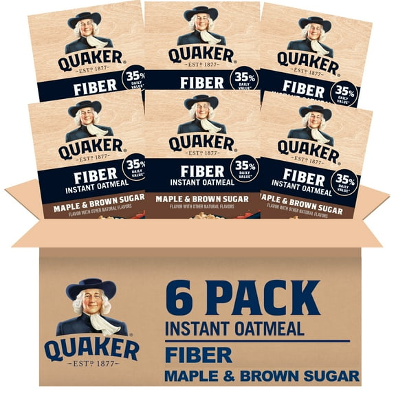 (6 pack) Quaker Fiber Instant Oatmeal, Maple Brown Sugar, 35% Daily Value of Fiber, Whole Grains, No Artificial Flavors, 1.58 oz packets, (8 Pack)