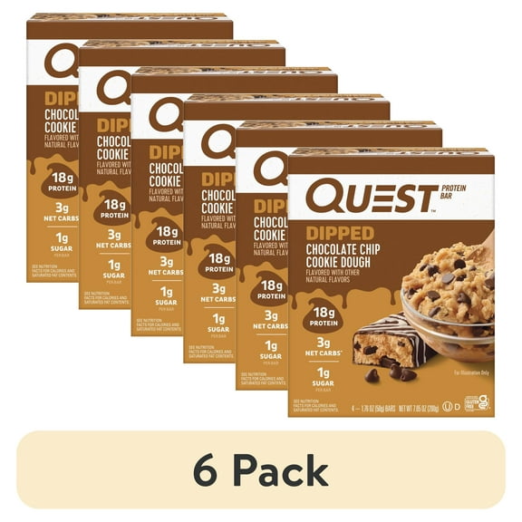 (6 pack) Quest Dipped Protein Bars, 18g Protein, Gluten Free, Chocolate Chip Cookie Dough, 4 Count