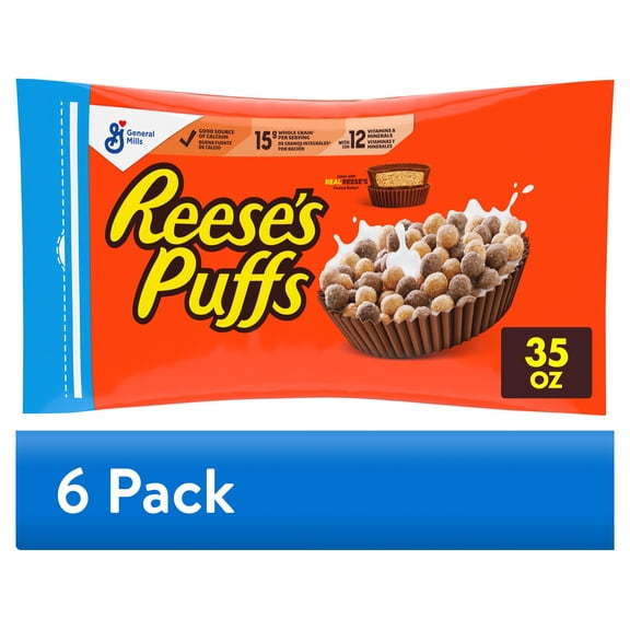 (6 pack) REESE'S PUFFS Breakfast Cereal, Chocolatey Peanut Butter Cereal Bag, 35 oz
