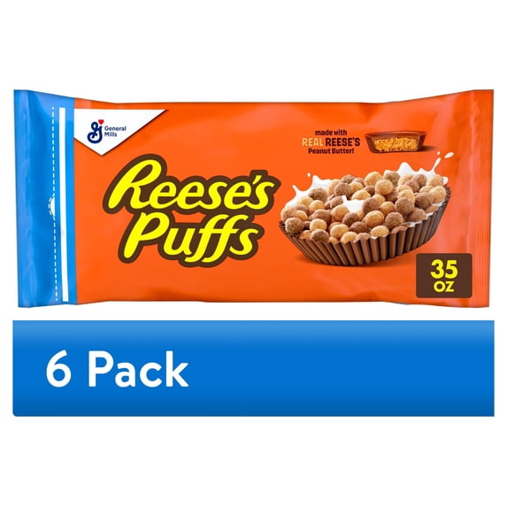 (6 pack) REESE'S PUFFS Breakfast Cereal, Chocolatey Peanut Butter Cereal Bag, 35 oz