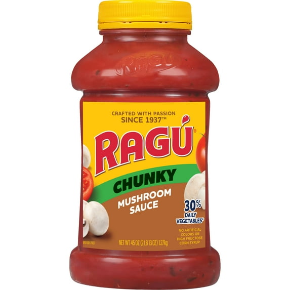 (6 pack) RAGU Super Chunky Mushroom Pasta Sauce, Diced Tomatoes, 45 oz, 10 Servings per Container