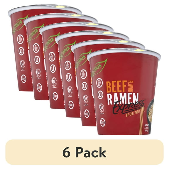 (6 pack) Ramen Express Beef Flavor Ramen Noodles, Vegan, Halal, Kosher, 2.25 oz Cup