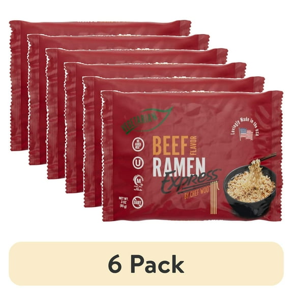 (6 pack) Ramen Express Beef Flavor Ramen Noodles, Vegan, Halal, Kosher, 3 oz Pouch