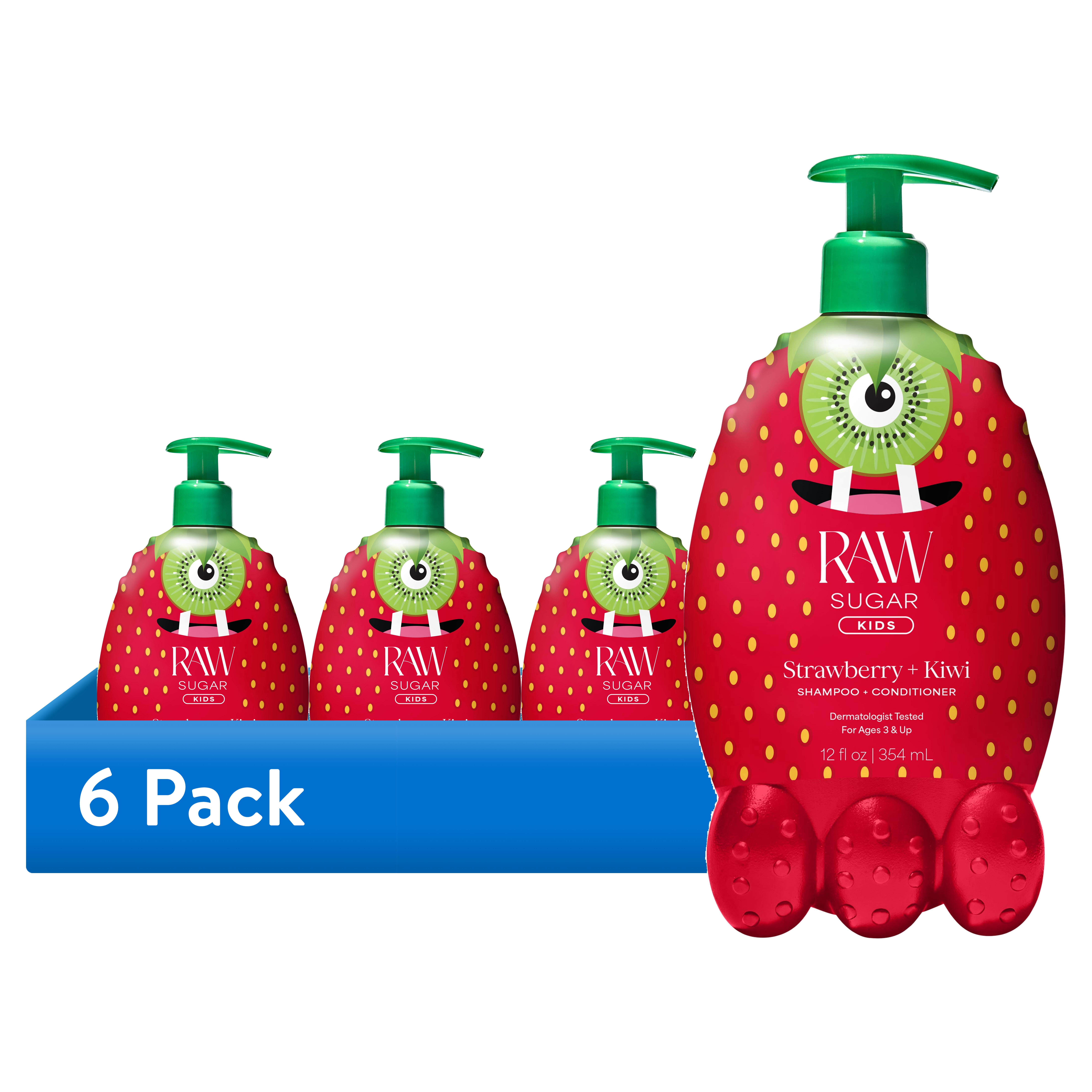 (6 pack) Raw Sugar Kids 2-in-1 Shampoo & Conditioner - Strawberry + Kiwi, 12 fl oz