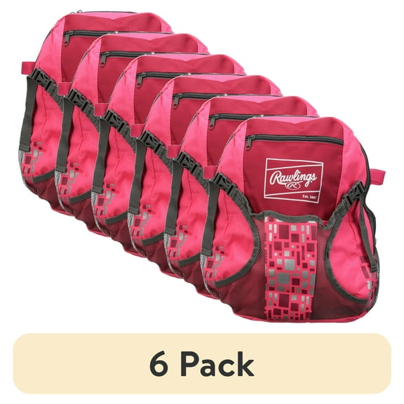 (6 pack) Rawlings Players Youth Tball Backpack Equipment Bag, Pink