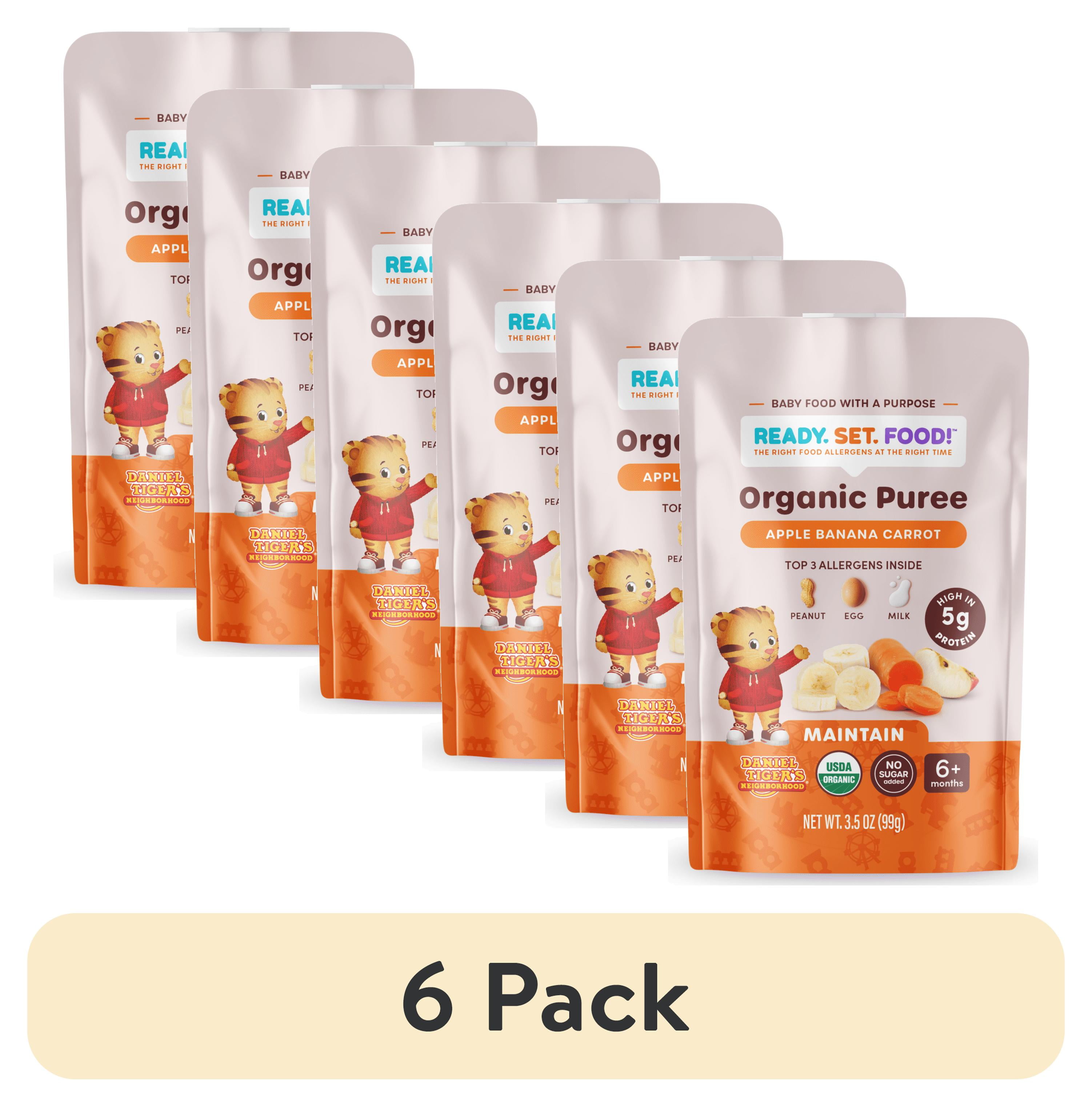 (6 pack) Ready, Set, Food! Daniel Tiger Stage 2 Baby Food, Apple Banana Carrot, 3 Top Allergens, 3.5 oz Pouch