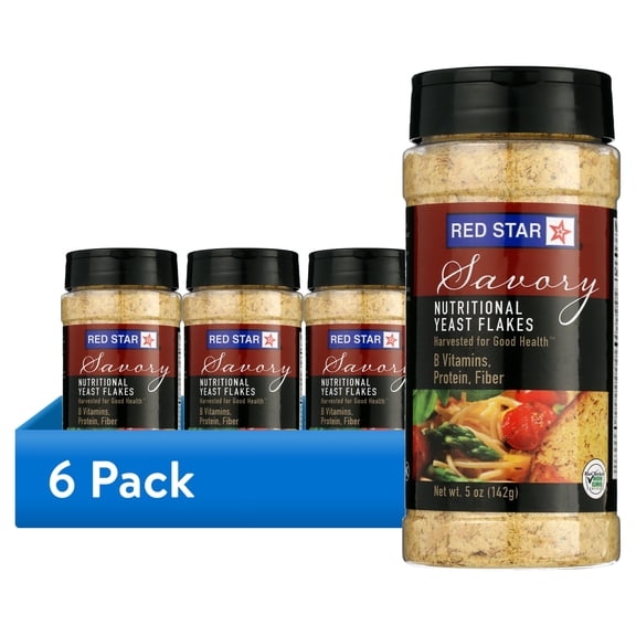 (6 pack) Red Star Savory Nutritional Yeast Flakes, 5 oz Shaker, Contains Soy