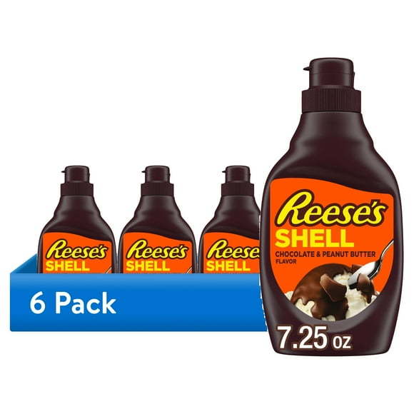 (6 pack) Reese's Chocolate Peanut Butter Shell Topping, Bottle 7.25 oz