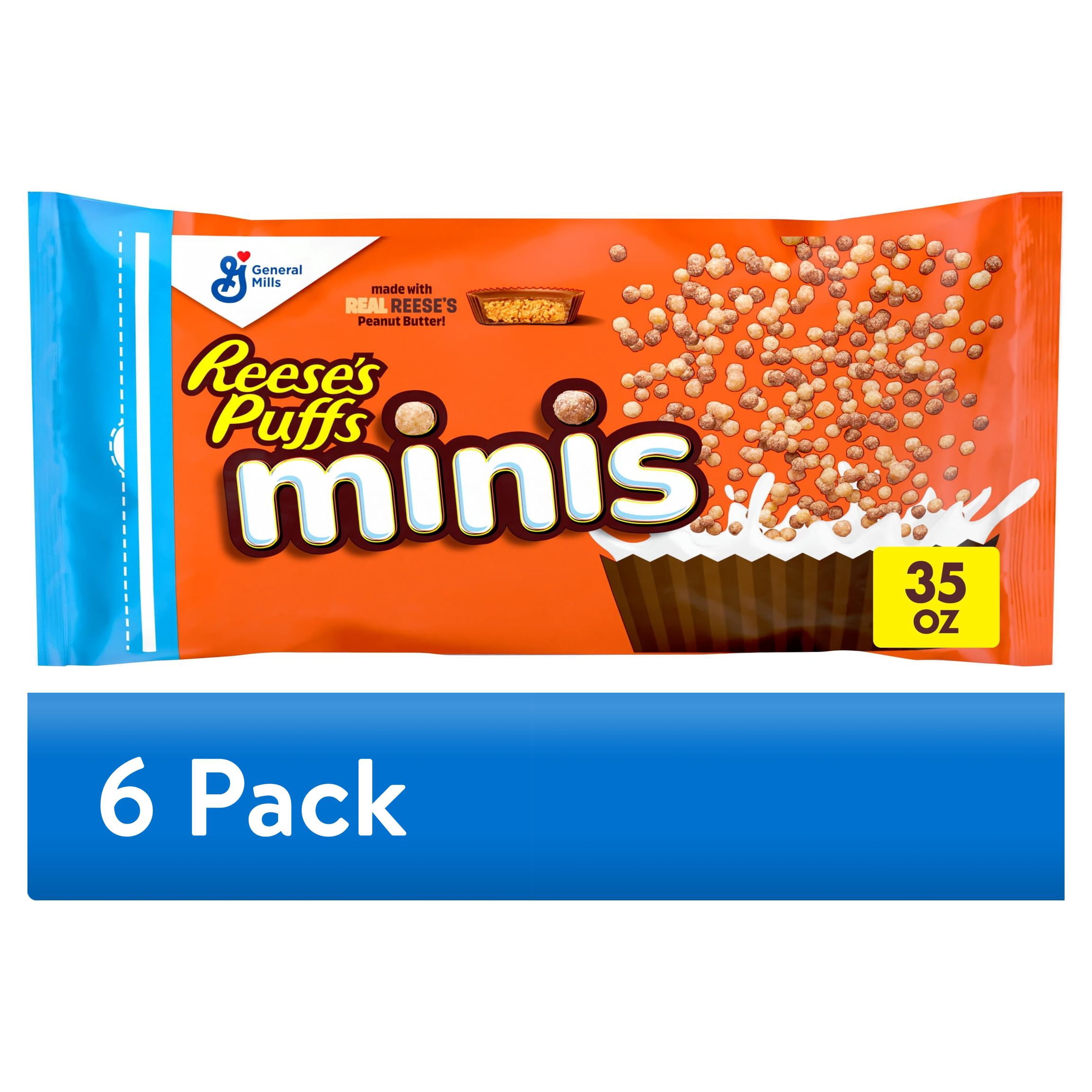 (6 pack) Reese's Puffs Minis Breakfast Cereal, Chocolate Peanut Butter Cereal, Family Size, 35 OZ Bag Cereal