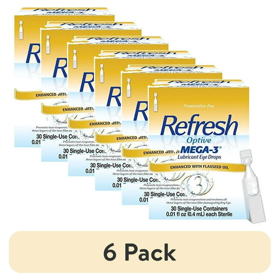 (6 pack) Refresh Optive Mega-3 Lubricant Eye Drops, Preservative-Free, with HydroCell, 30 Vials 0.01 fl oz (0.4 mL) Each