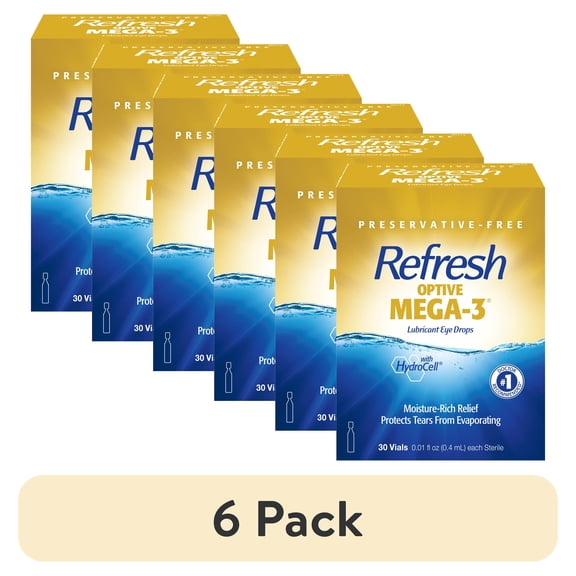 (6 pack) Refresh Optive Mega-3 Lubricant Eye Drops Preservative-Free Artificial Tears, 0.4 ml, 30 Count
