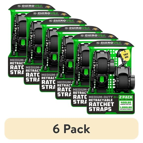 (6 pack) Rhino USA 1in x 10ft Retractable Ratchet Straps, 2 Pack – 403lbs Load Limit, 6lbs Total Weight