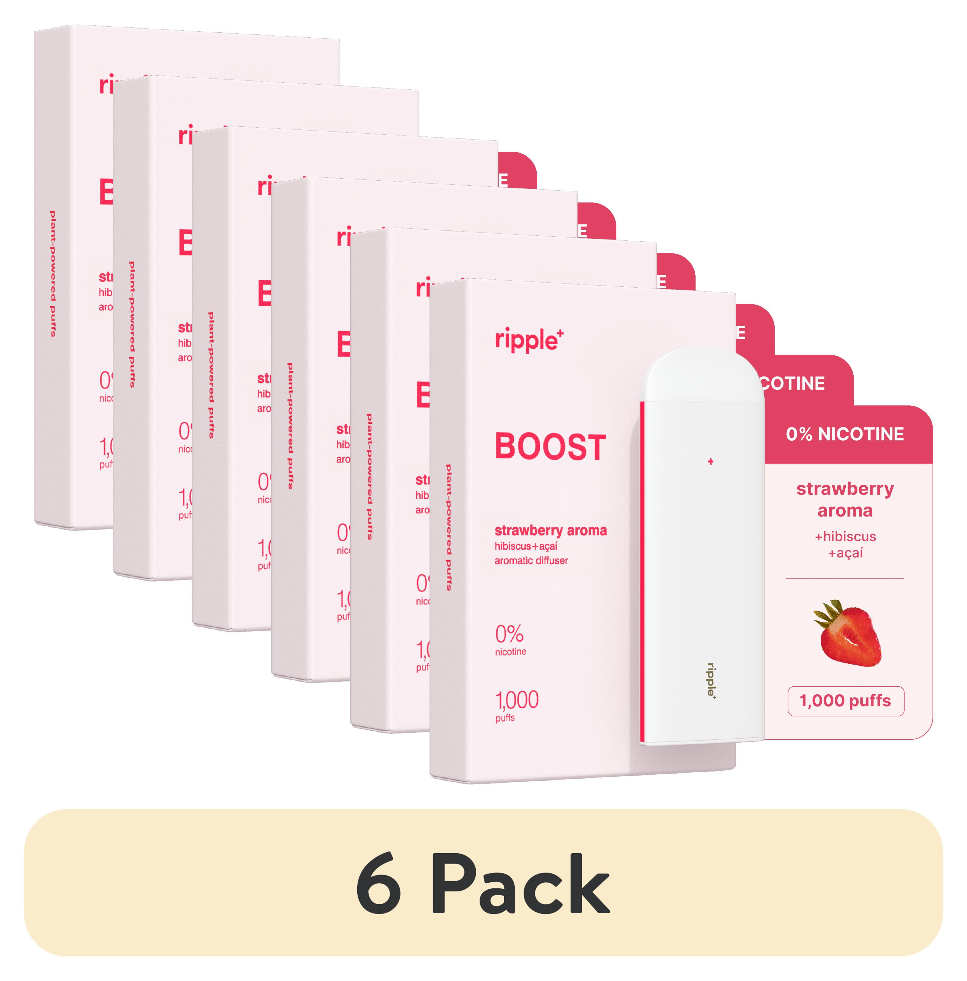 (6 pack) Ripple Strawberry Diffuser - 1,000 Puffs, 0% Nicotine, + Hibiscus  & Açai, 100% Recyclable