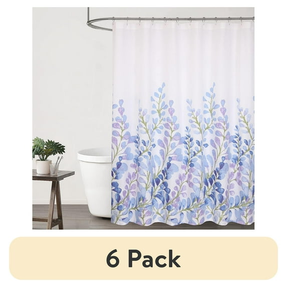 (6 pack) Ruvanti Shower Curtains 72x72 inch Polyester Cotton Blend, Bathroom Shower Curtain Blue & Purple Floral. Fabric Shower Curtain, Washable, Decorative with 12 Curtain Hooks